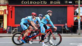 Members of the Belgian road cycling team go for a ride in the city centre of Glasgow