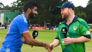 India captain Jasprit Bumrah and Ireland skipper Paul Stirling shake hands