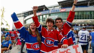Fans of the Montreal Canadiens cheer prior to Game One of the Stanley Cup Final