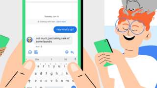 A messaging app is shown with illustrated Google character