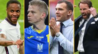 England's Raheem Sterling (left), Ukraine player Oleksandr Zinchenko, Ukraine boss Andriy Shevchenko (second right) and England boss Gareth Southgate