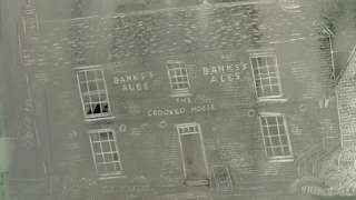 Crooked House glass etching