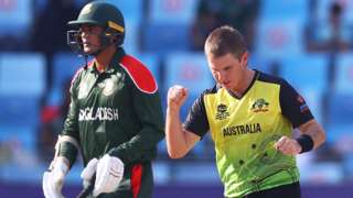 Australia's Adam Zampa celebrates taking a Bangladesh wicket in the ICC Men's T20 World Cup