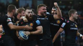 Exeter celebrate a try