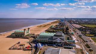 View of Great Yarmouth from big wheel looking south along Marine Parade towards outer harbour