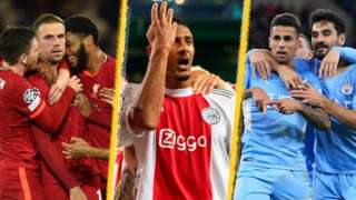 Jordan Henderson and Liverpool celebrate (left), Sebastian Haller (centre) and Joao Cancelo and Manchester City celebrate (right)