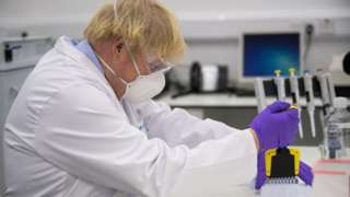 Johnson uses a pipette at a vaccine factory in Scotland