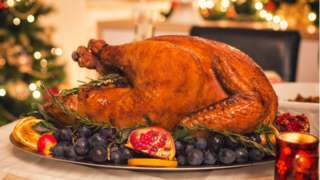 Roast turkey laid on a plate with pomegranate and grapes