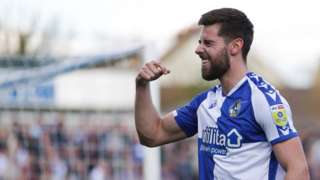 Antony Evans celebrates his equaliser for Bristol Rovers against Derby
