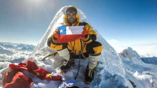 Juan Pablo Mohr on the summit of Manaslu in Nepal