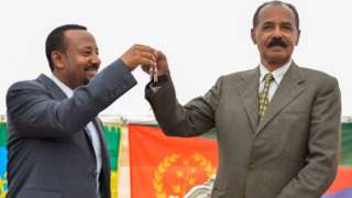 Abiy Ahmed and Isaias Afwerki celebrate the reopening of Eritrea's embassy in Addis Ababa
