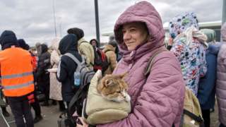 War refugees from Ukraine at the Ukrainian-Polish border crossing point Krakowiec-Korczowa