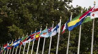 Flags outside the United Nations in New York