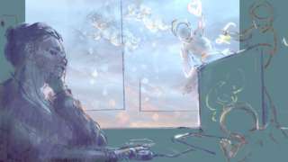 woman at computer thinking of babies