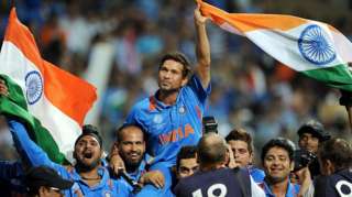 Indian batsman Sachin Tendulkar is carried on his teammates shoulders after India defeated Sri Lanka in the ICC Cricket World Cup 2011 final played at The Wankhede Stadium in Mumbai on April 2, 2011. India defeated Sri Lanka by six wickets to win the 2011 World Cup