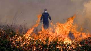 A firefighter stands behind flames during a wildfire in Alexandroupolis, northern Greece
