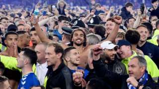 Dominic Calvert-Lewin celebrates with Everton fans