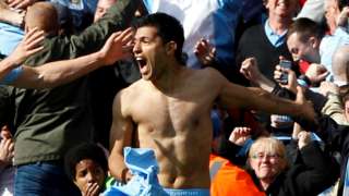 Sergio Aguero celebrates his winning goal