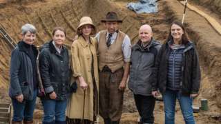 National Trust team with actors Carey Mulligan and Ralph Fiennes (centre)