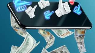 An animation of money falling from a phone with social media reactions coming out of the phone.