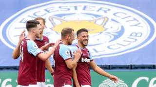 West Ham players celebrate Pablo Fornals' goal at Leicester