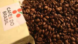 An opened bag of Brazilian coffee beans