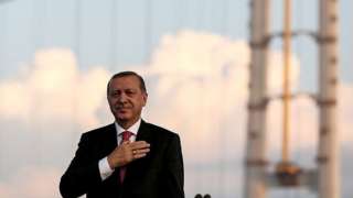 President of Turkey, Recep Tayyip Erdogan gestures during the opening ceremony of Osmangazi Bridge in Kocaeli, Turkey on June 30, 2016