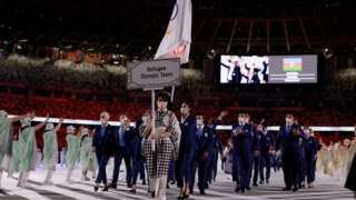 The Refugee Olympic Team at the opening ceremony of the Tokyo Olympics