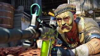 A masked character in Call of Duty lies on the ground with a long-distance rifle ready