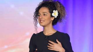 Masih Alinejad speaking at an event in 2018