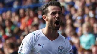 Bernardo Silva celebrates scoring for Manchester City against Leicester City