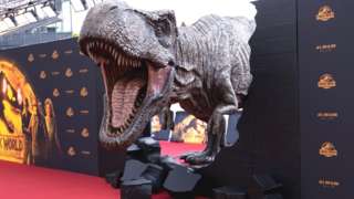 A view of a dinosaur during the "Jurassic World: Ein neues Zeitalter" Photocall at Medienpark on May 30, 2022 in Cologne