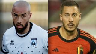 Jazz Richards in action for Haverfordwest and former rival Eden Hazard of Belgium