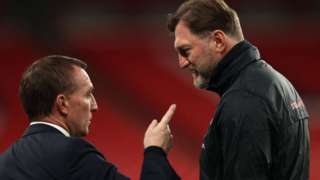 Close up of managers Brendan Rodgers and Ralph Hasenhuttl in conversation