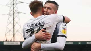 Coventry striker Matt Godden celebrated the second of his three goals against Wycombe at Adams Park with Jordan Shipley