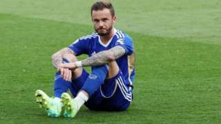 James Maddison looks dejected after Leicester City's relegation to the Championship