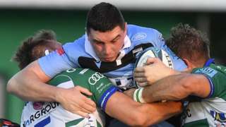 Cardiff lock Seb Davies attacks the Benetton defence in May 2022