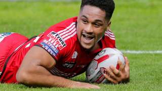 Salford's Derrell Olpherts scores a try