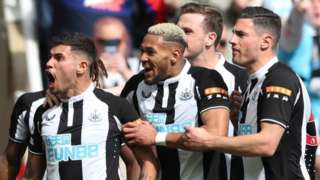 Newcastle's Bruno Guimaraes celebrates scoring against Leicester