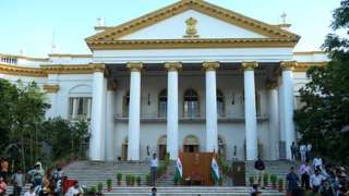 ver 200 Sadhus and priests delegation from West Bengal march to meet Governor Jagdeep Dhankhar to register their protest against the remarks about Hindu Goddess Kaali at Raj Bhavan on July 12, 2022 in Kolkata,