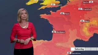 Sarah Keith-Lucas stands in front of a weather map of France and Germany