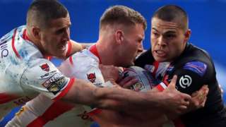 Joel Thompson (left) was on the winning side on his St Helens debut in the win over Salford