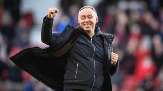 Steve Cooper celebrating win over Swansea in May (5-1 at City Ground)