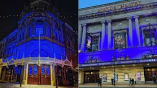 Blackpool Grand and Liverpool Empire lit blue