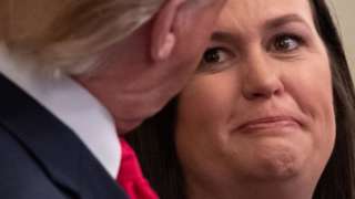 Outgoing White House Press Secretary Sarah Huckabee Sanders speaks alongside US President Donald Trump during a second chance hiring and criminal justice reform event in the East Room of the White House in Washington, DC, June 13, 201