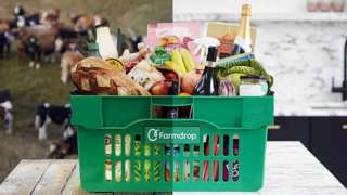 Farmdrop basket at a farm and on a kitchen counter