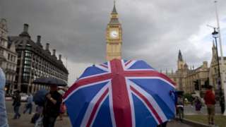 Union Jack umbrella in front of Parliament