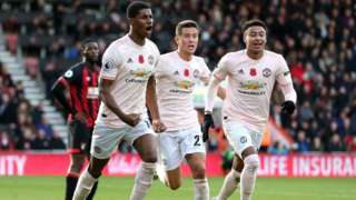 Marcus Rashford celebrates after scoring a late winner for Manchester United at Bournemouth