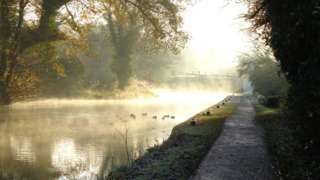 Mist over water by a canal path