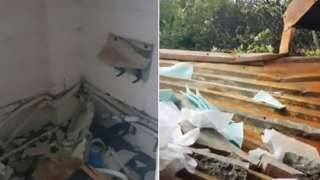 Destroyed toilets and roof pulled down